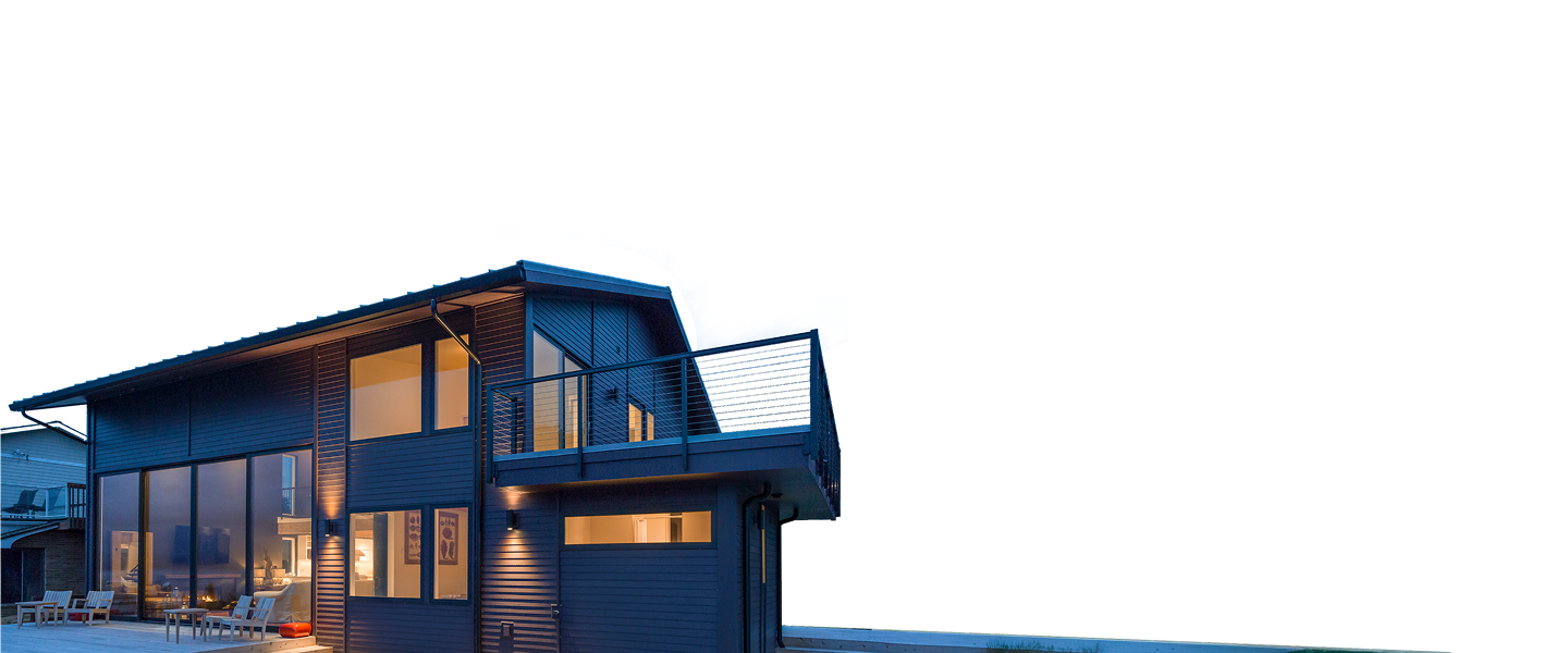 A two-story dark-sided house featuring windows, doors and more, complete with a deck and an upper balcony.