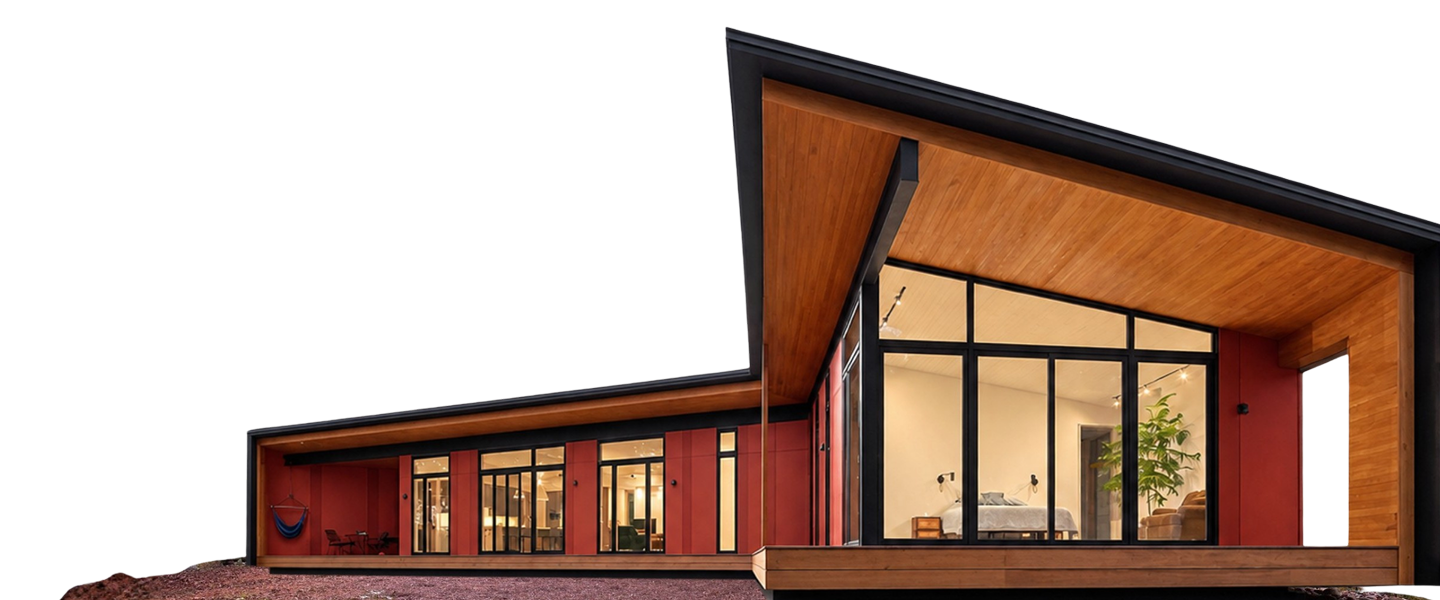 Modern house with red exterior walls, floor-to-ceiling windows from doors and more affiliates, and a wood-paneled roof overhang.