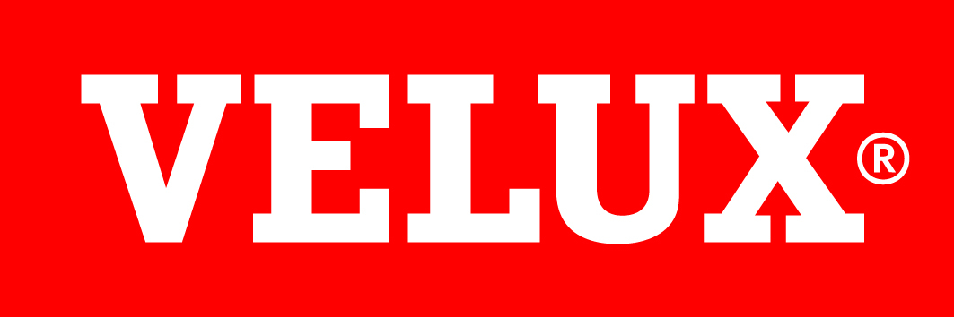 White VELUX logo for the premium window and door company on a red background.