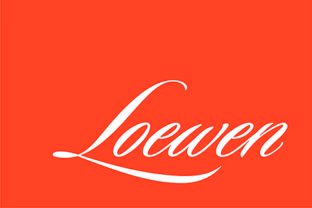 White Loewen logo in a script font set against a solid red background.