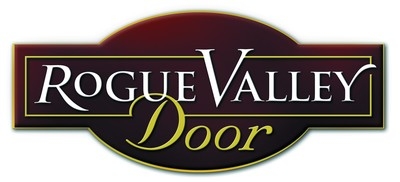 Logo for premium window and door company Rogue Valley Door, featuring the company name in stylized lettering against a dark oval background.