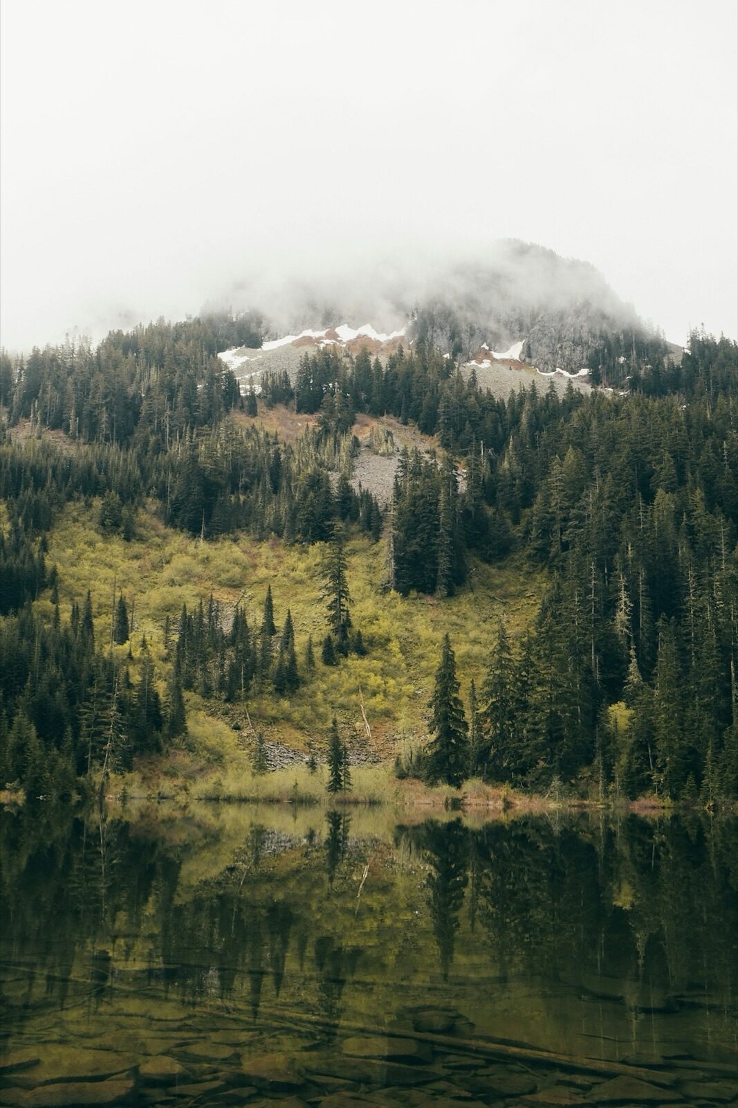 A forested mountain, like those seen through windows doors and more brands, partially obscured by fog and reflected in a calm lake.