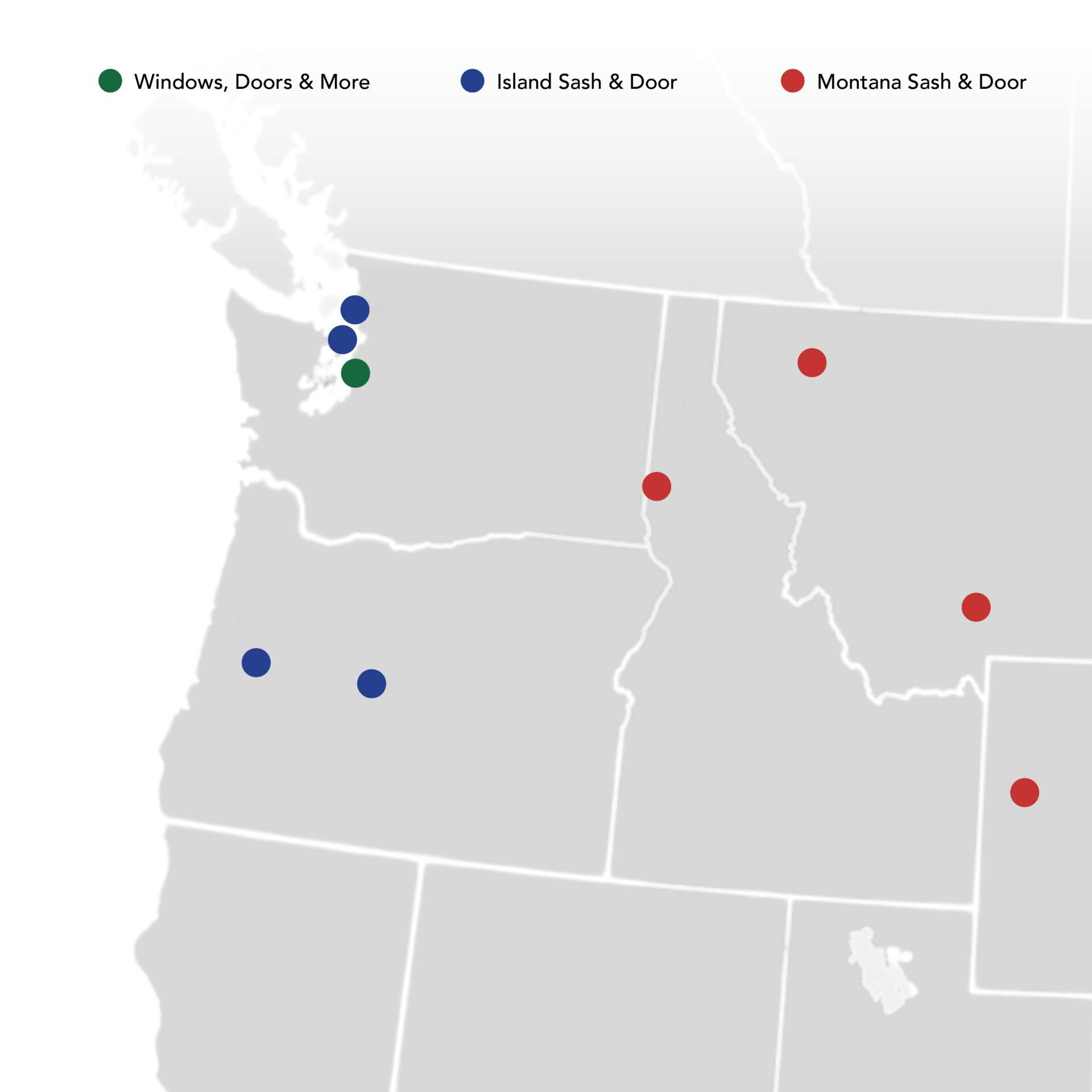 Map of the Pacific Northwest showing windows, doors & more affiliates marked by color-coded dots: green for Windows, Doors & More, blue for Island Sash & Door, and red for Montana Sash & Door.